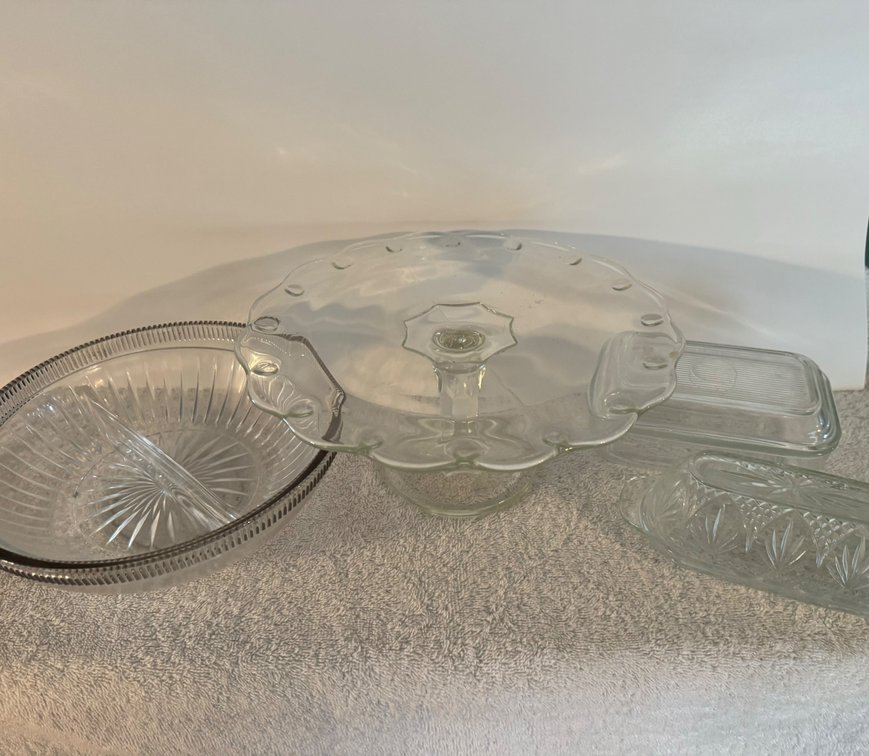 Glass Cake stand And Other Glass Pieces
