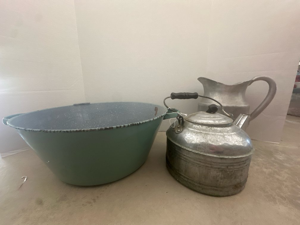 Blue Large Enamel Pan, Aluminum Pitcher and Teapot