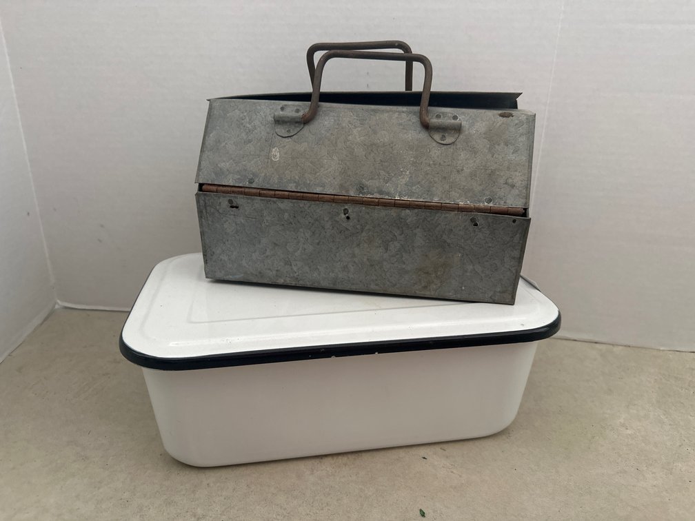 Small Tin Tool Box and White Enamel Pan with Lid