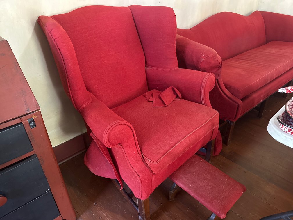 Red Wingback Chair with Red Footstool