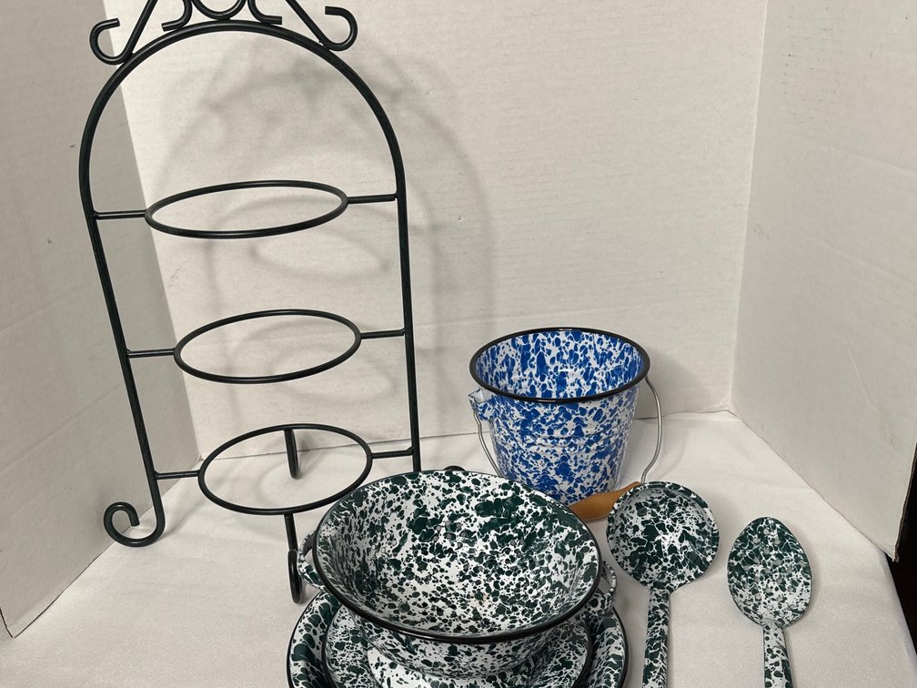 Green and Blue Splatterware with 3 Tier Rack