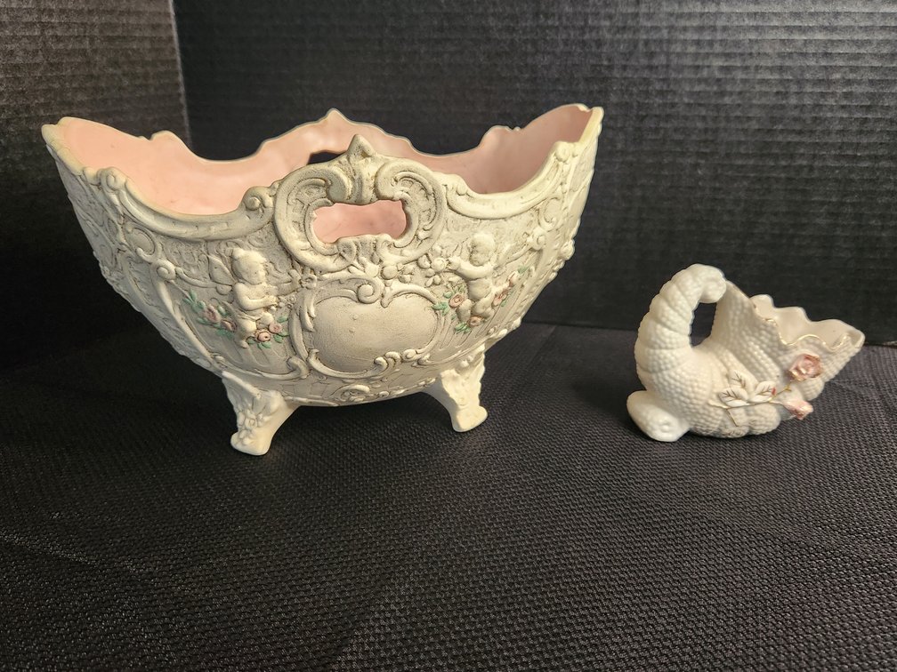 Vintage porcelain floral bowl, Capodimonte angel and cherub pattern
