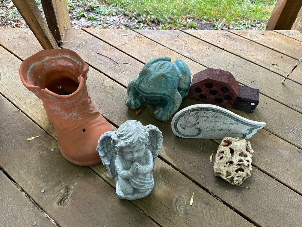 Garden Art: angel, frog, boot, birdhouse