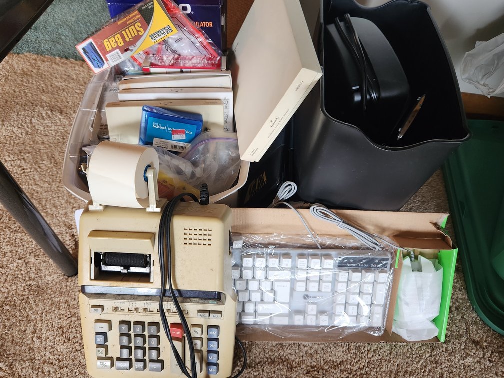 Paper shredder, misc. tote of stationary and office supplies