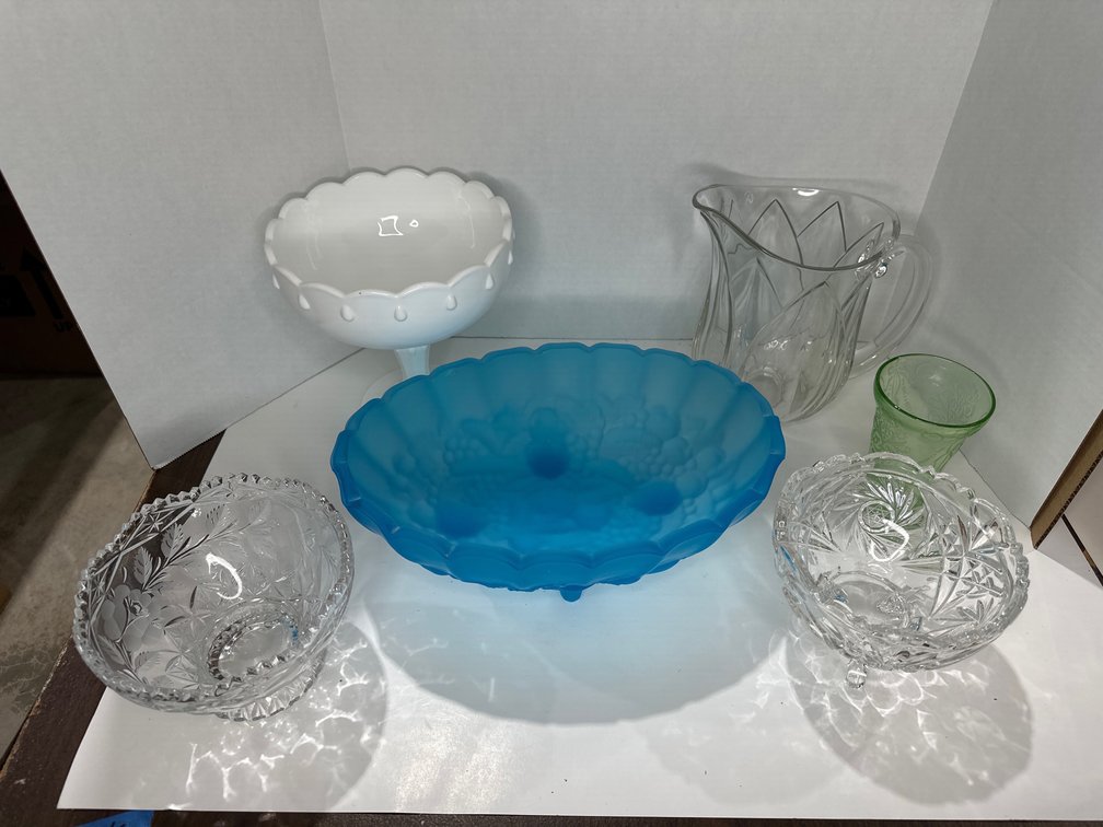 Vintage Indiana Glass Blue, Vintage Milk Glass Teardrop Compote Pedestal Bowl, Tulip Pitcher, Vintage 3 Toed Footed Bowl, Cut Glass Candy Dish, Depression Glass Cup
