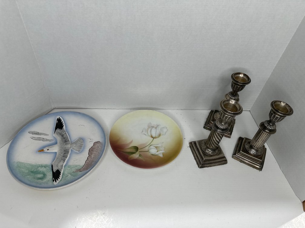 Hand painted plates from Germany, Various Glass Bowls, Relish Dishes, Mini glass canister with lid, candle sticks