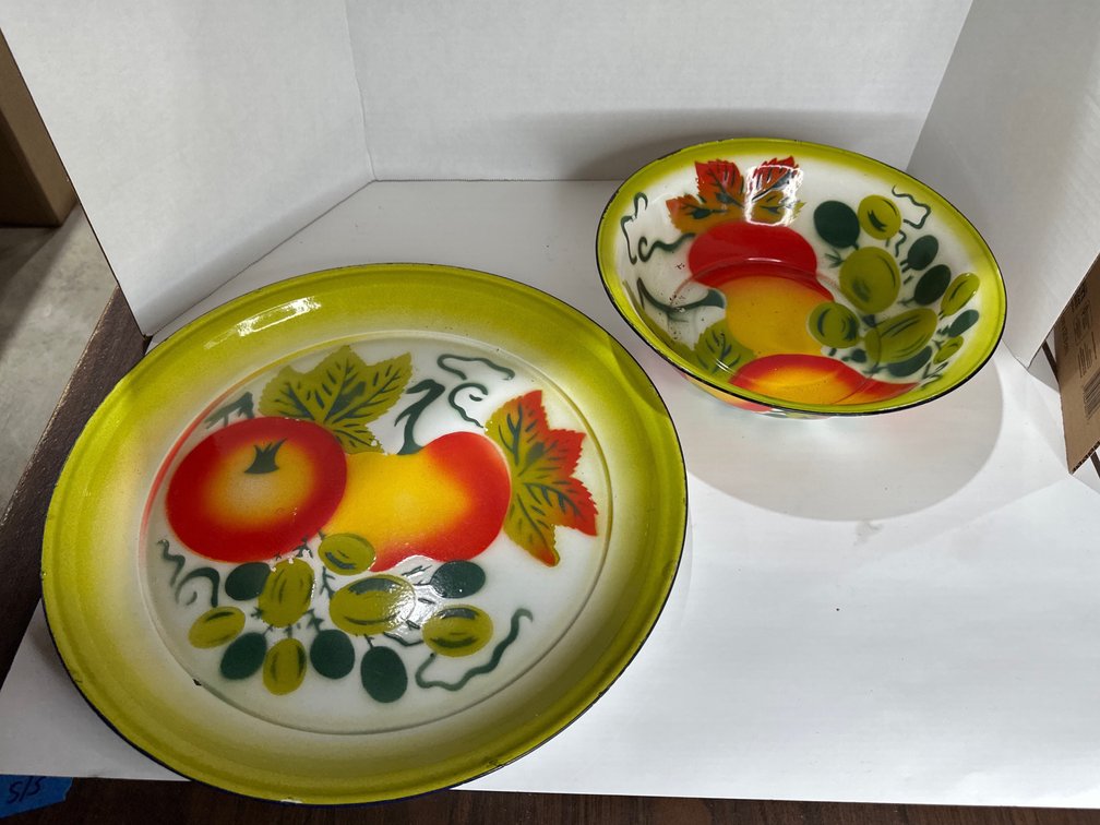 Vintage hand painted fruit enamel bowl and tray