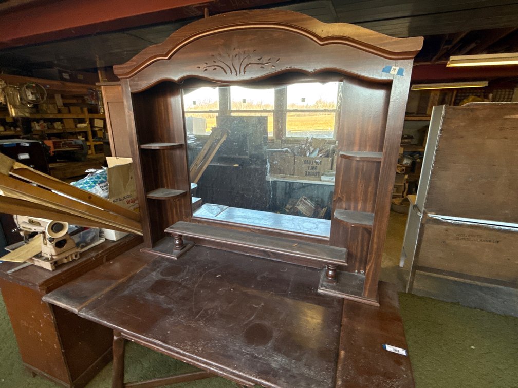 Antique table with 6 drawer dresser and mirror dresser top