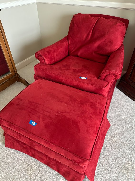 Red Velour Chair and Ottoman