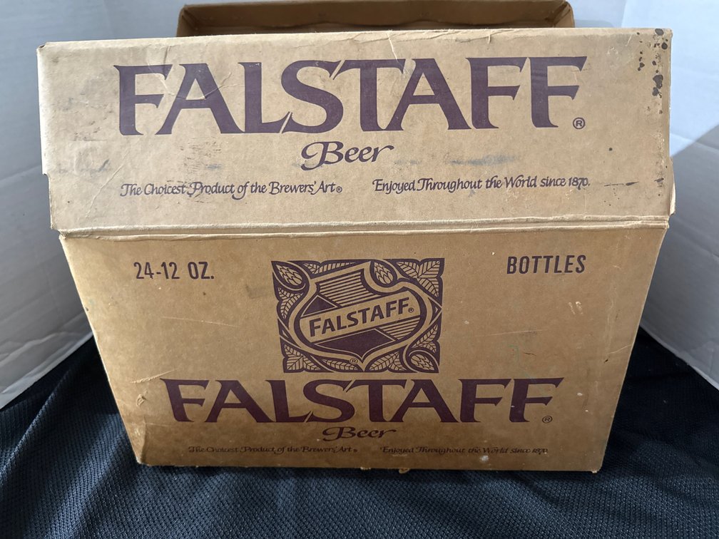 Falstaff box of metal cans, beer mugs and more
