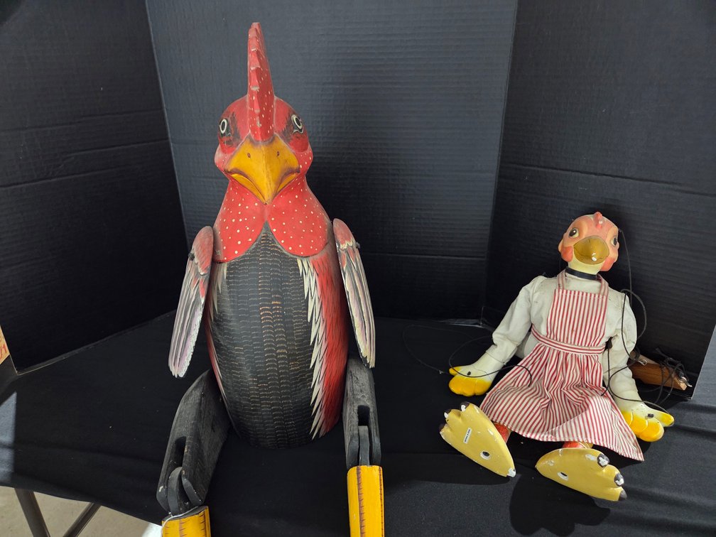 Wooden shelf sitting Rooster and Chicken Marionette