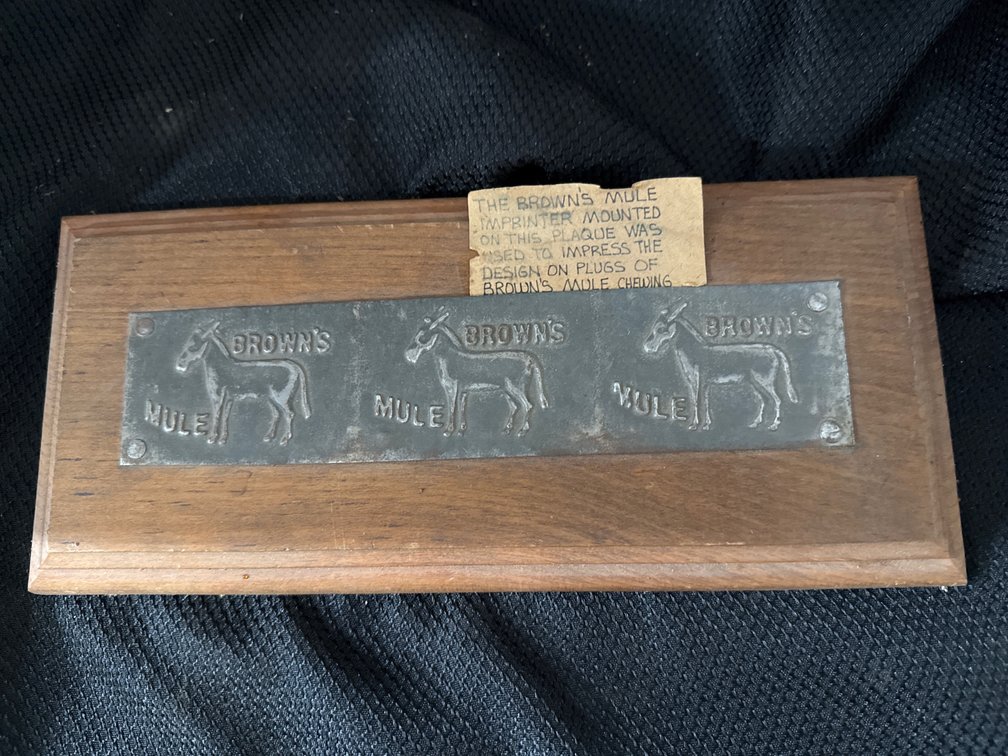 Plaque mounted Brown's Mule imprint and more