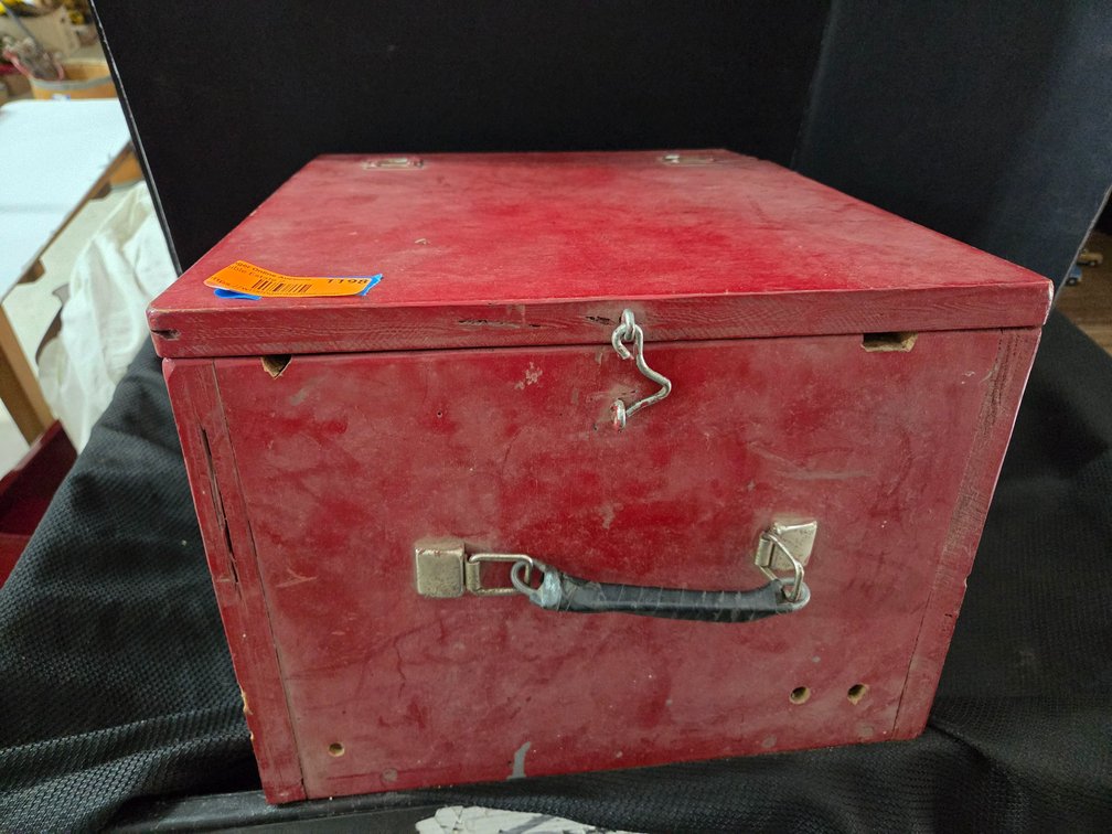 Wooden box with post cards, maps