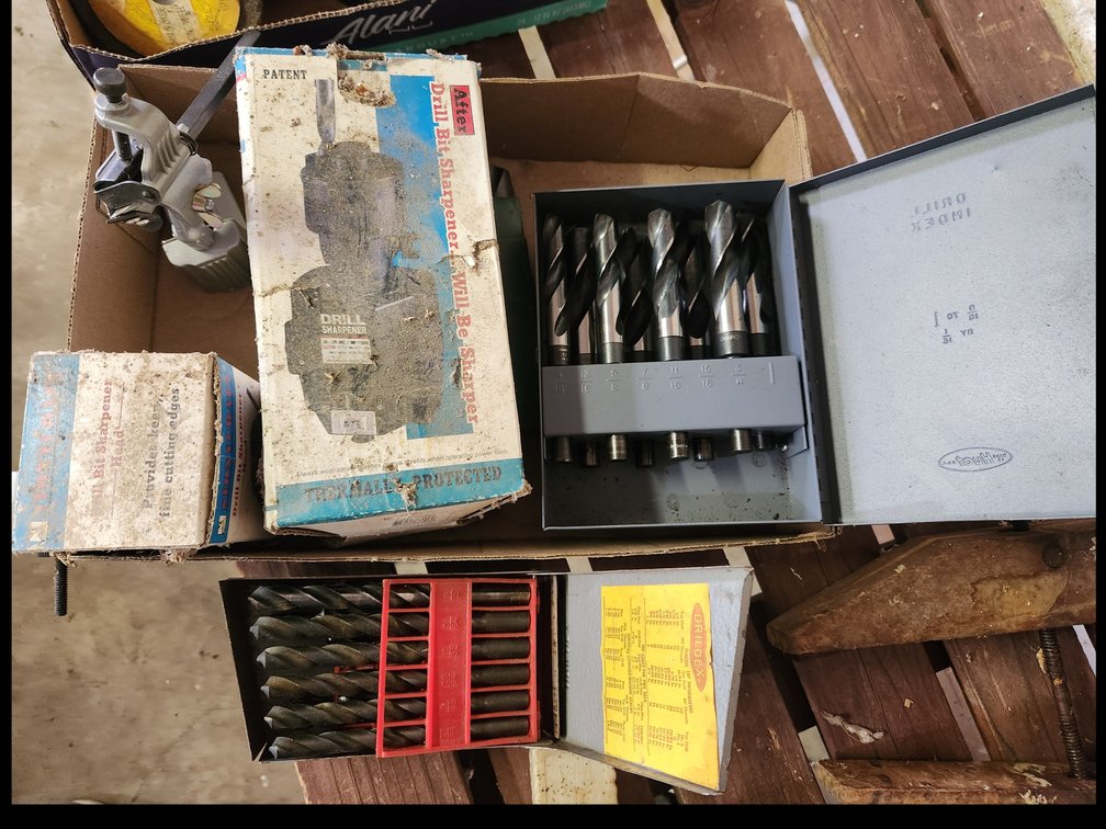 flat of drill bits and other misc.