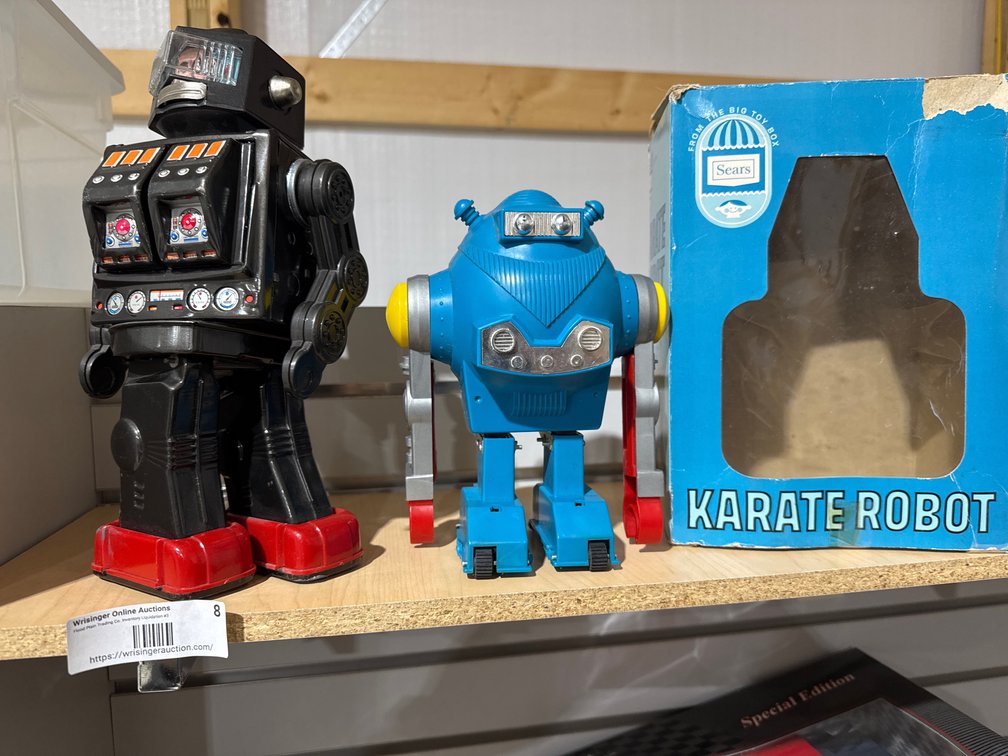 1960's Rare vintage Horikawa swivel-o-Matic tin battery op robot and blue sears karate robot