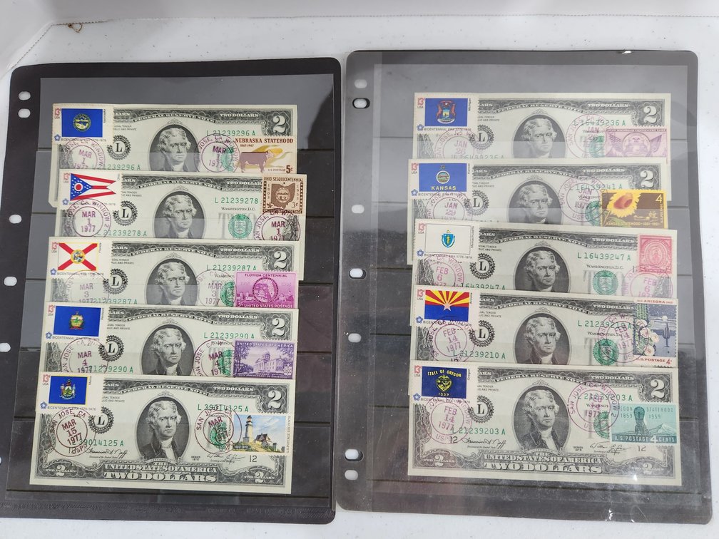 $2 bills; Post Marked with First Day Issued Stamps