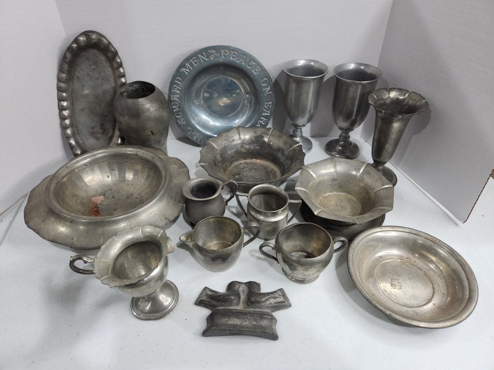 Pewter, bottles, glass, and candy containers