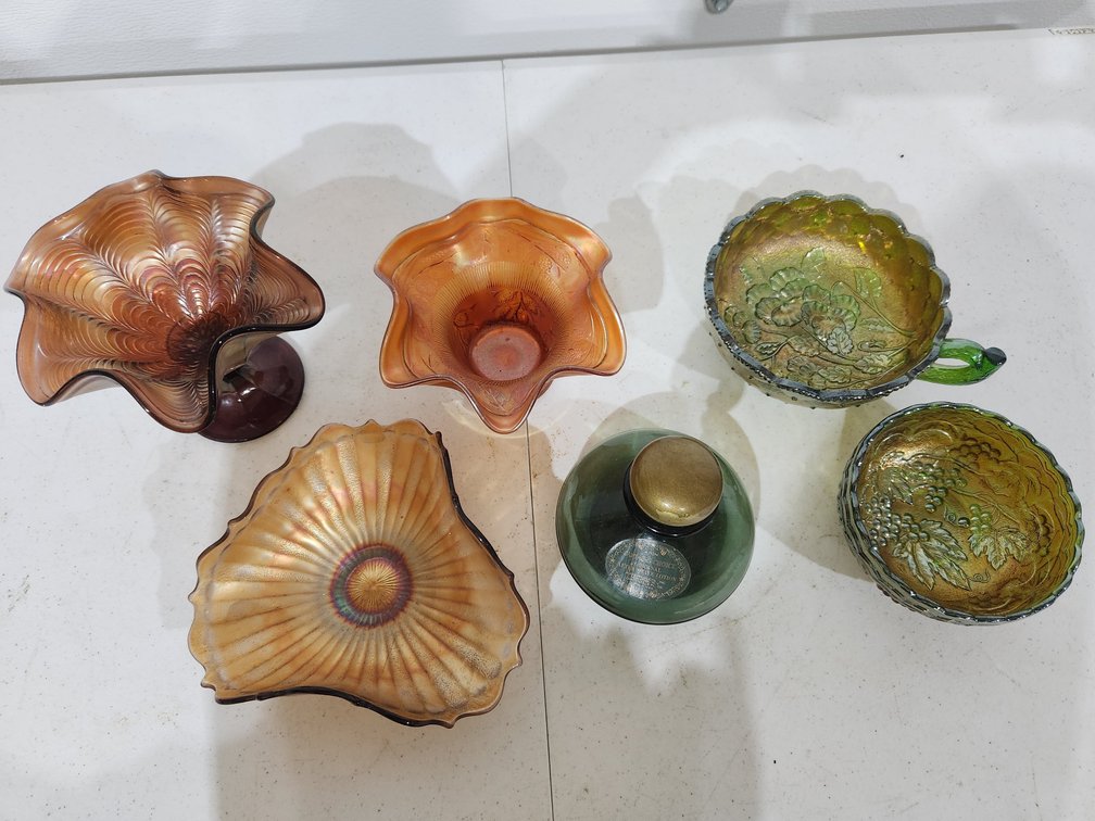 3 flats of assorted carnival glass, and figural bottles, and depression glass 