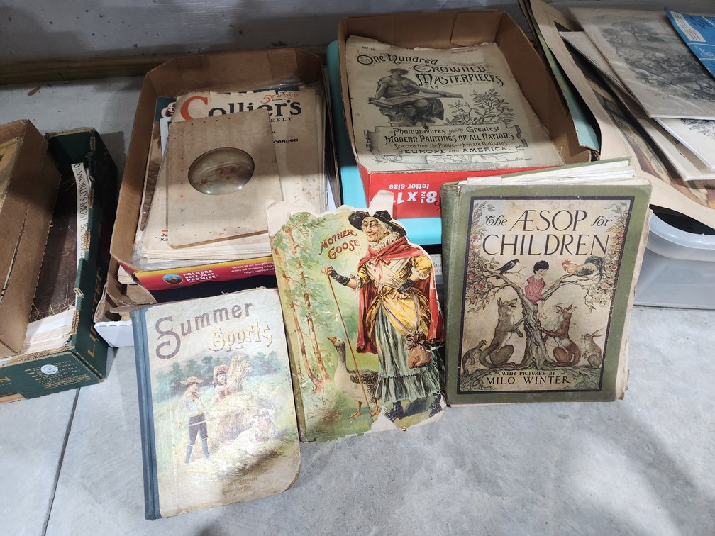 paper goods, old magazines, books, art, prints