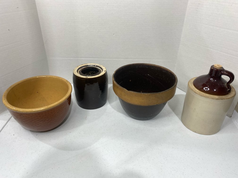 wax canning jar, crock bowl, crock jug