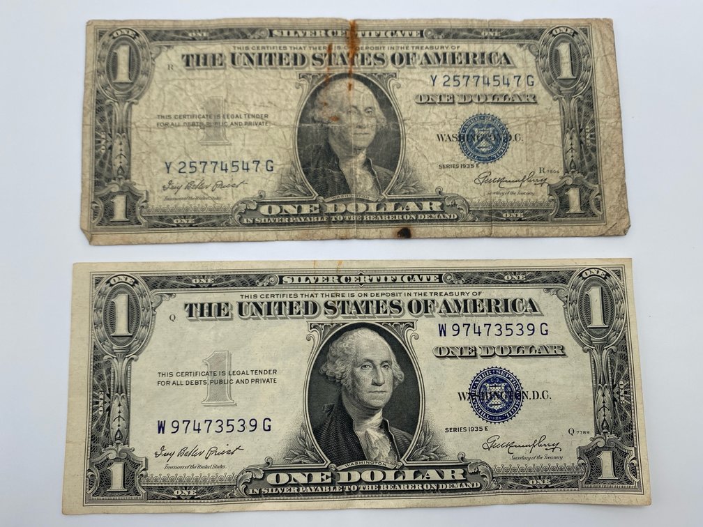 Two (2) 1935E $1 Silver Certificates 