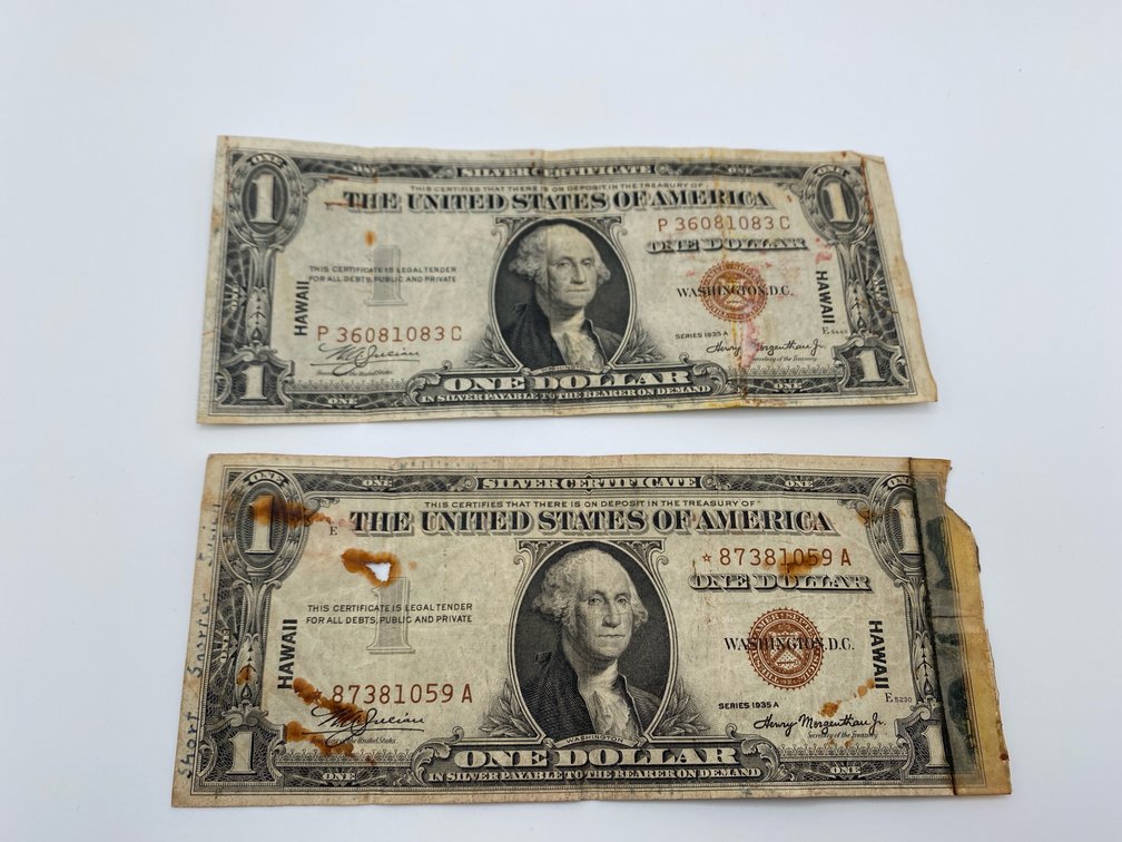 Two (2) 1935A $1 HAWAII Silver Certificates 