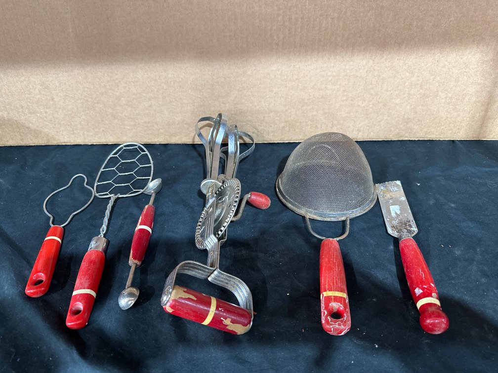 Red Wood Handle White Stripe Kitchen Utensils Vintage
