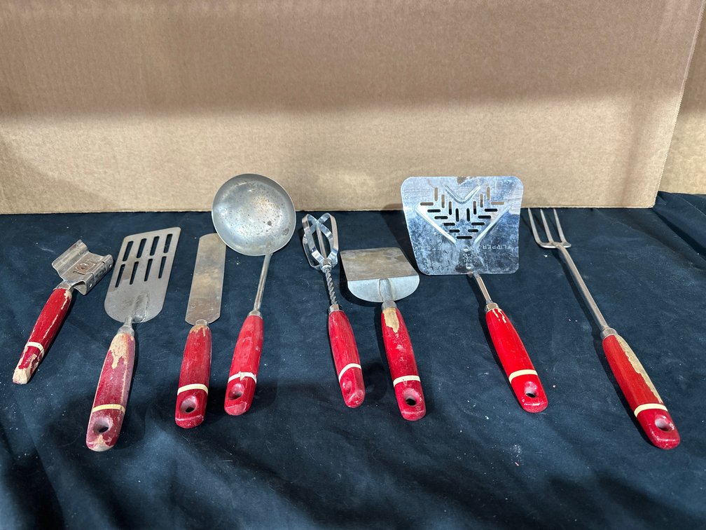 Red Wood Handle White Stripe Kitchen Utensils Vintage
