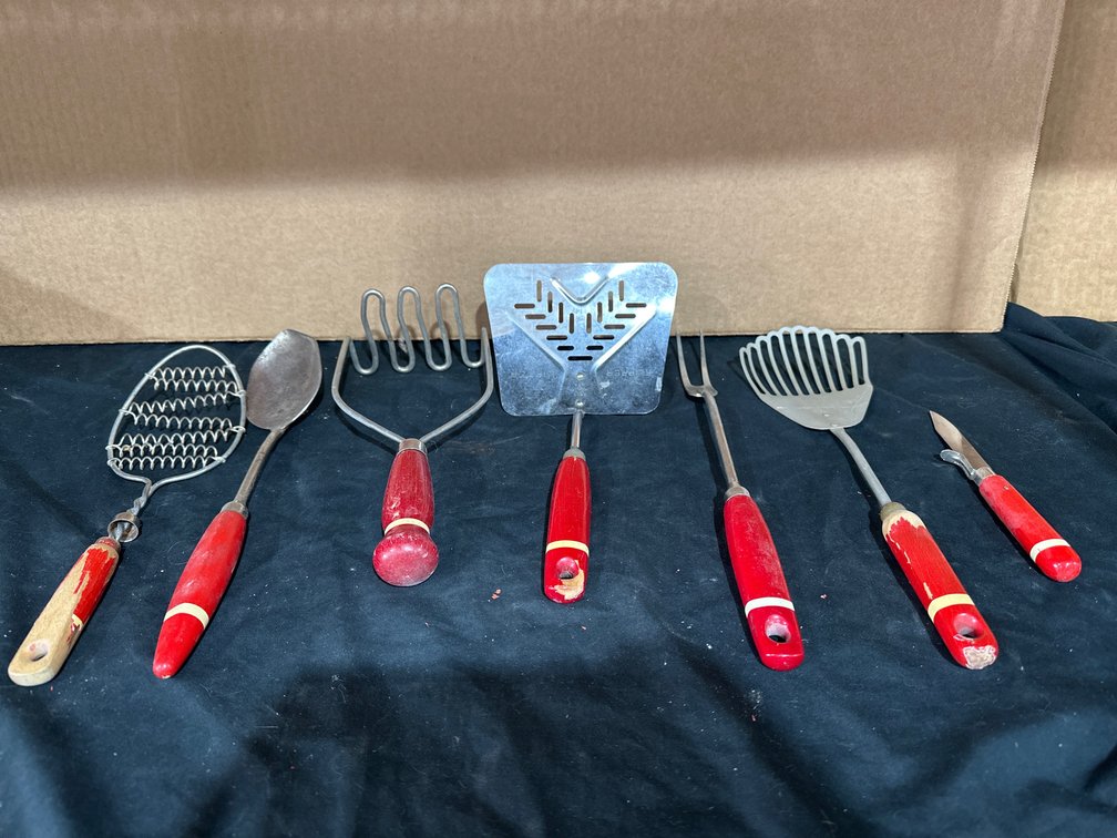 Red Wood Handle White Stripe Kitchen Utensils Vintage