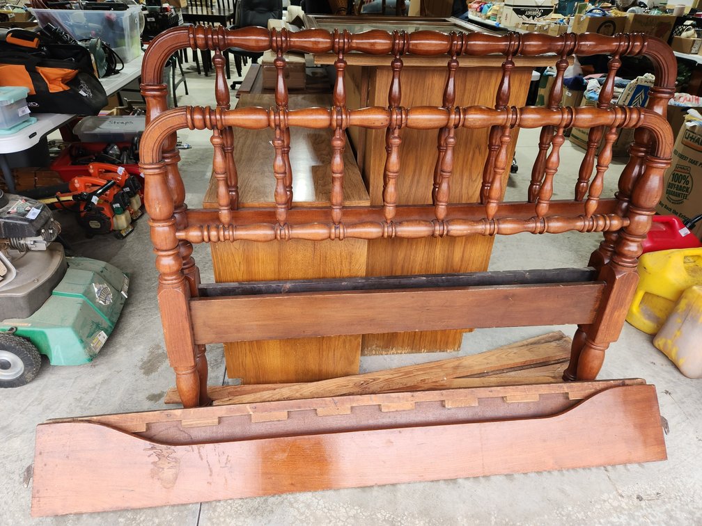 Spindle bed frame with wood side rails