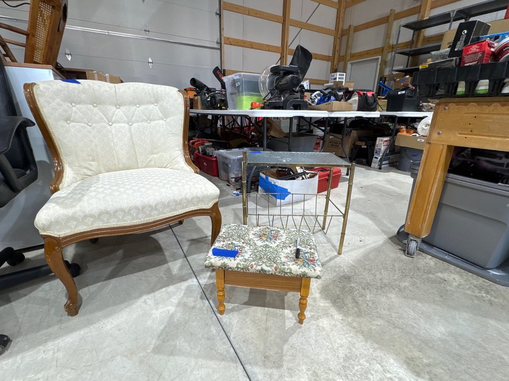 Vintage white chair, footstool, and side table