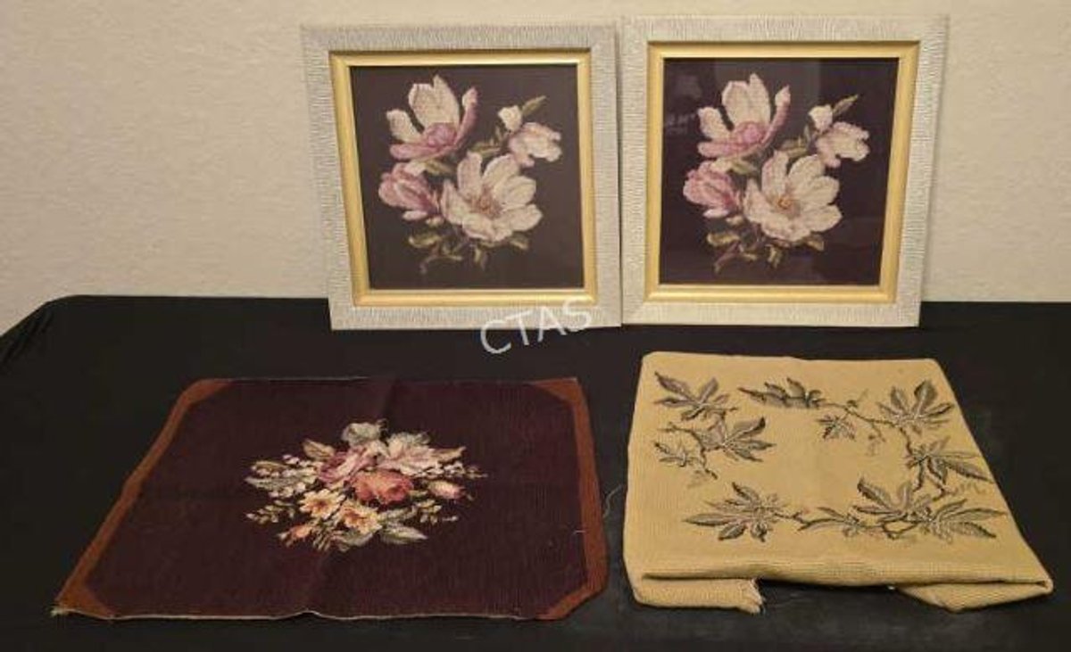 Framed Needlepoint Magnolia's & (2) Needlepoint