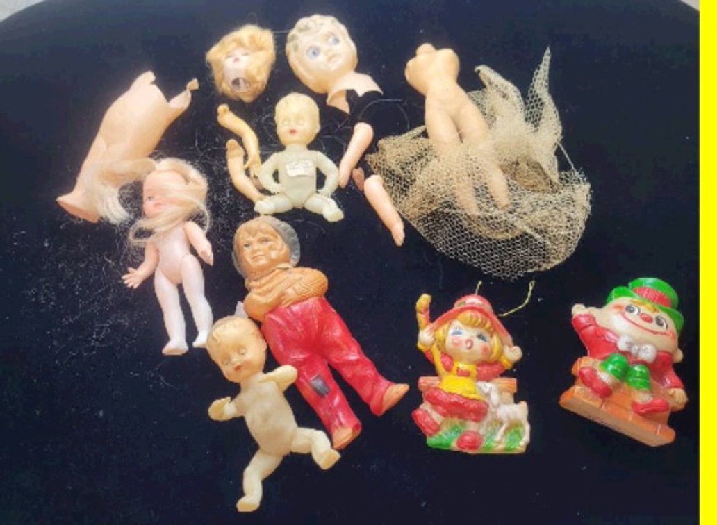 Bag of Old Dolls & Doll Parts, Vtg Japan Ornaments