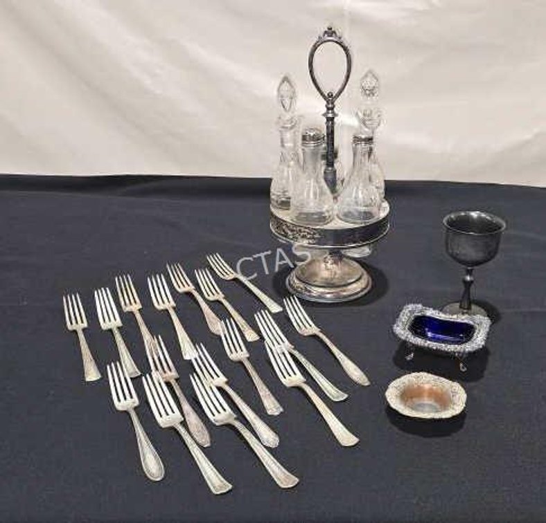 Silverplate Cruet Set, Salt Cellar, Forks, Candle