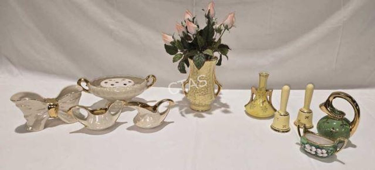 Porcelain Vases, Bells, Cream & Sugar &