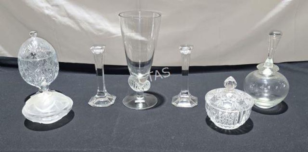 Colony Crystal Vase, Glass Lidded Dishes.