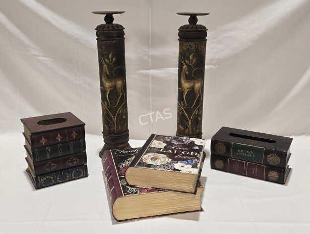 Neoclassical Style Metal Candleholders, Faux Book