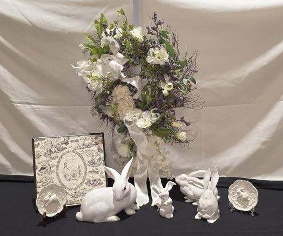 Porcelain White Bunnies, Easter / Spring Wreath,