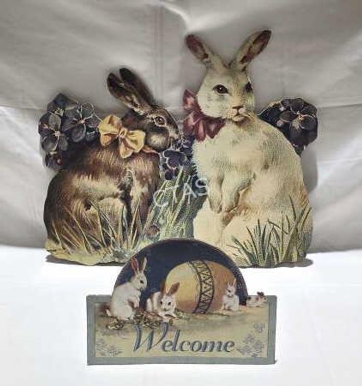 Wood Board Bunny Decor Art, Metal Welcome Sign