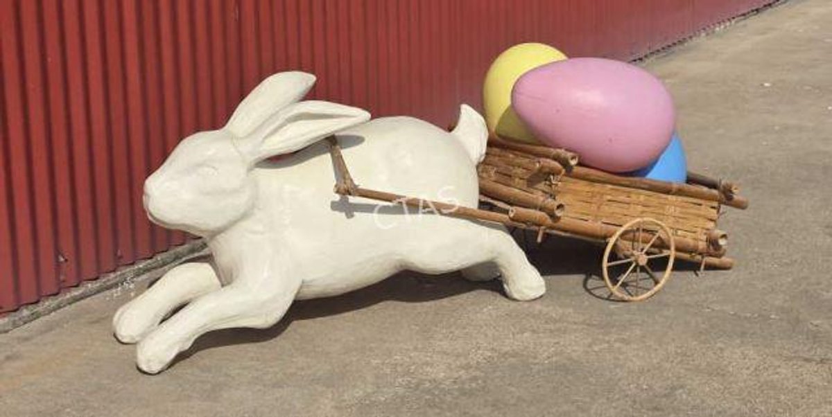 Papermache Large Bunny w/ Wicker Cart & Eggs