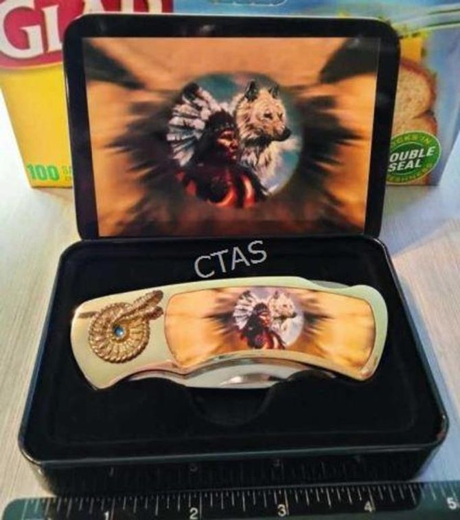 Native American/Wolf Collectible Knife in Tin