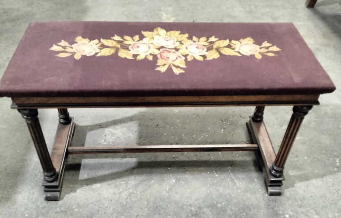Piano Bench w/Floral Needlepoint Tapestry Top