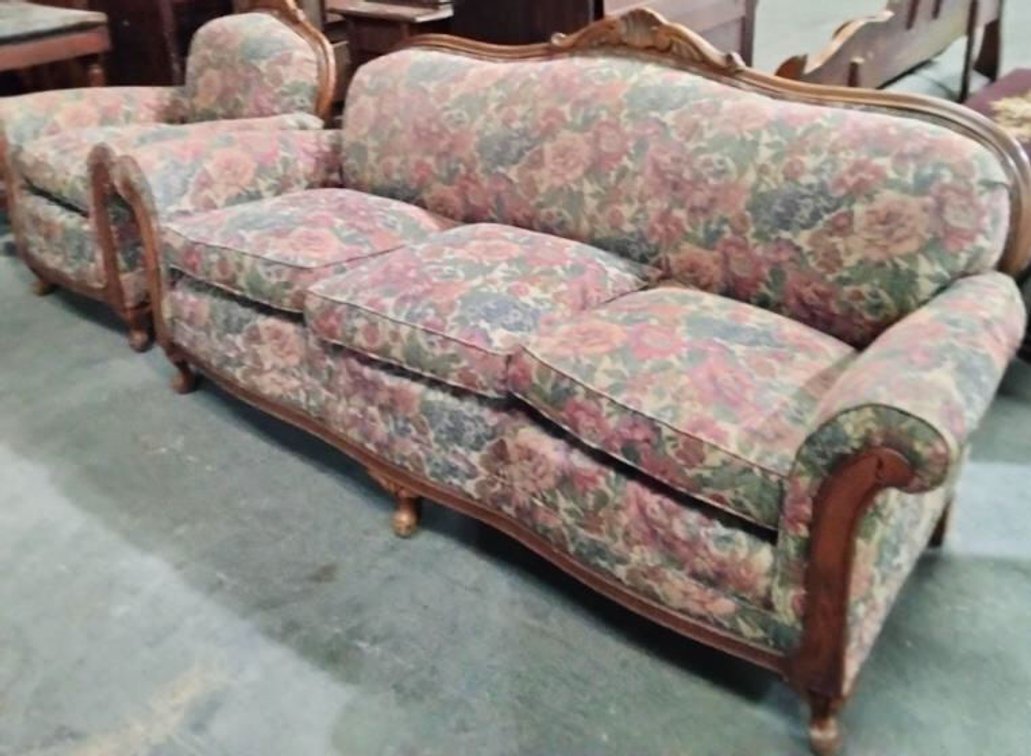 Vintage Floral Sofa & Arm Chair w/ Wood Trim