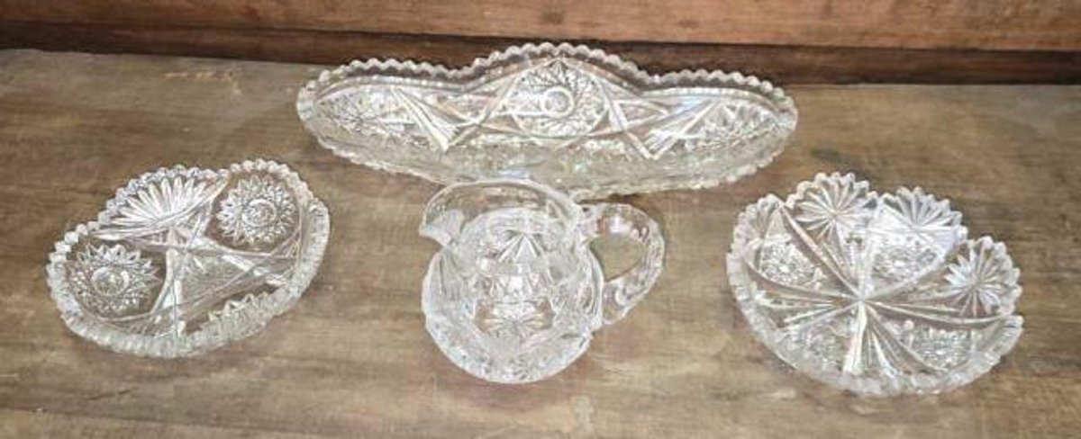 Crystal Sawtooth Rim Dishes & Cream Pitcher