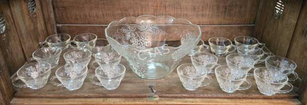 Vintage Grapevine Glass Punch Bowl w/ Cups