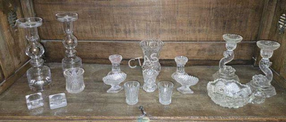 Glass Candlesticks, Vases, Dishes, Salt Cellars,