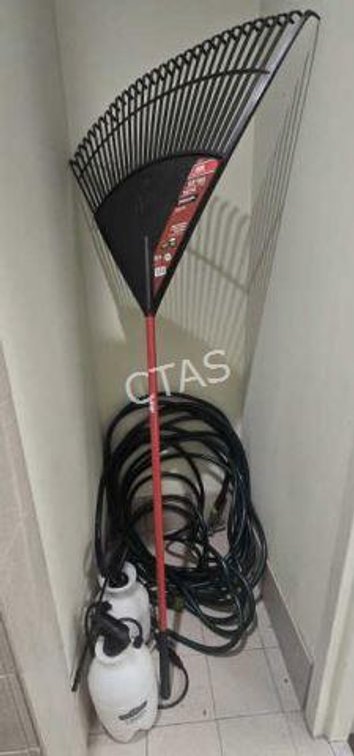Water Hose, 30" Leaf Rake & (2) 1-Gallon