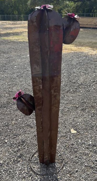 Metal Art - Medium Brown Cactus w/ Pink Flowers