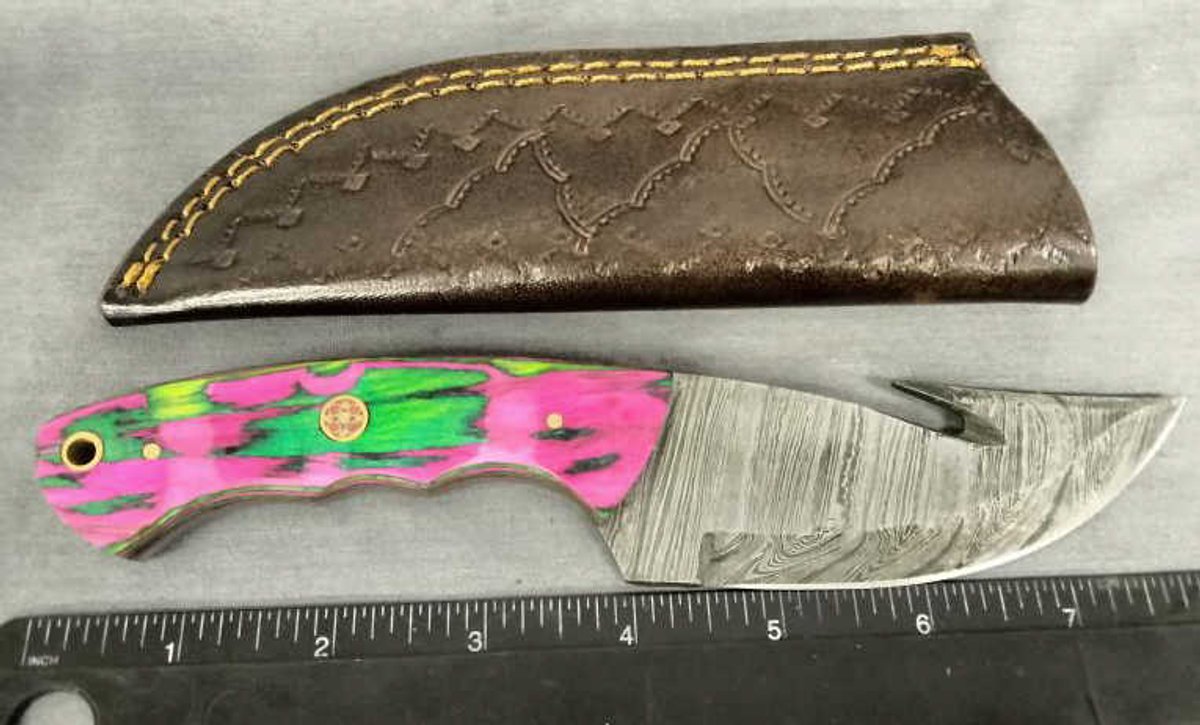 Damascus Gut Hook Knife 8" w/Sheath