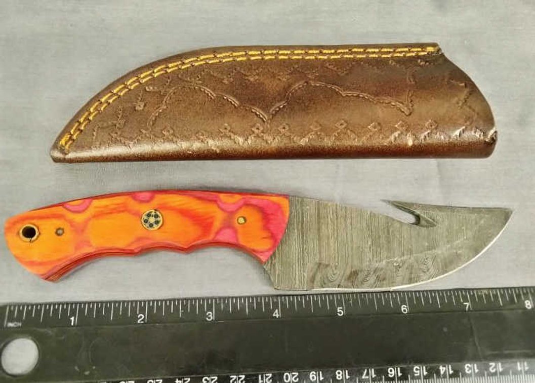 Damascus Gut Hook Knife 8" w/Sheath